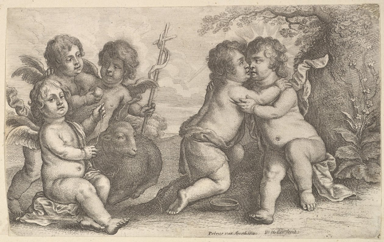 Jezus en Sint Jan omhelzen elkaar, met cherubijnen door Wenceslaus Hollar