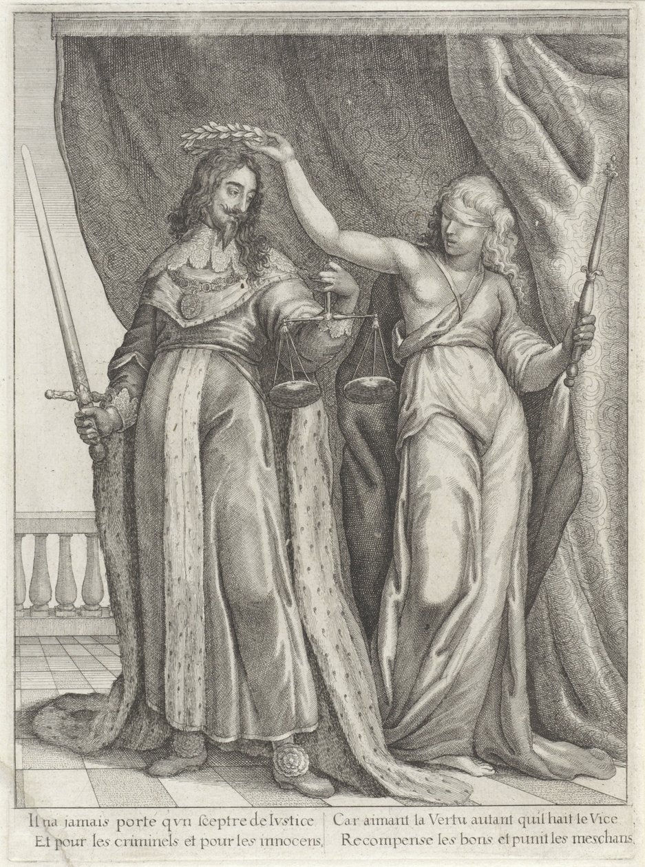 Koning Karel I van Engeland gelauwerd door Justitia door Wenceslaus Hollar