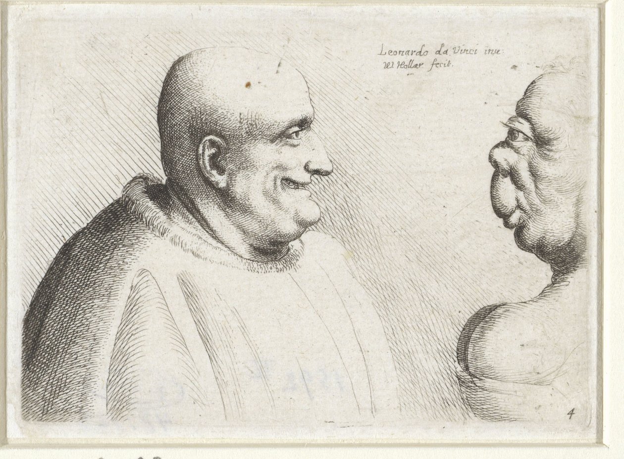 Koppen van een grote kale man en groteske vrouw door Wenceslaus Hollar