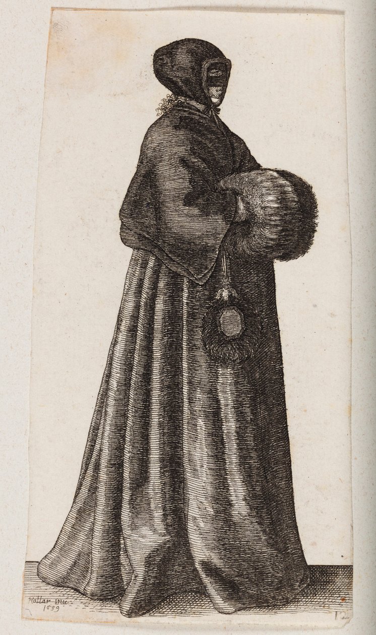 Vrouw, gekleed in het zwart, met een masker, een kapje en een mof door Wenceslaus Hollar
