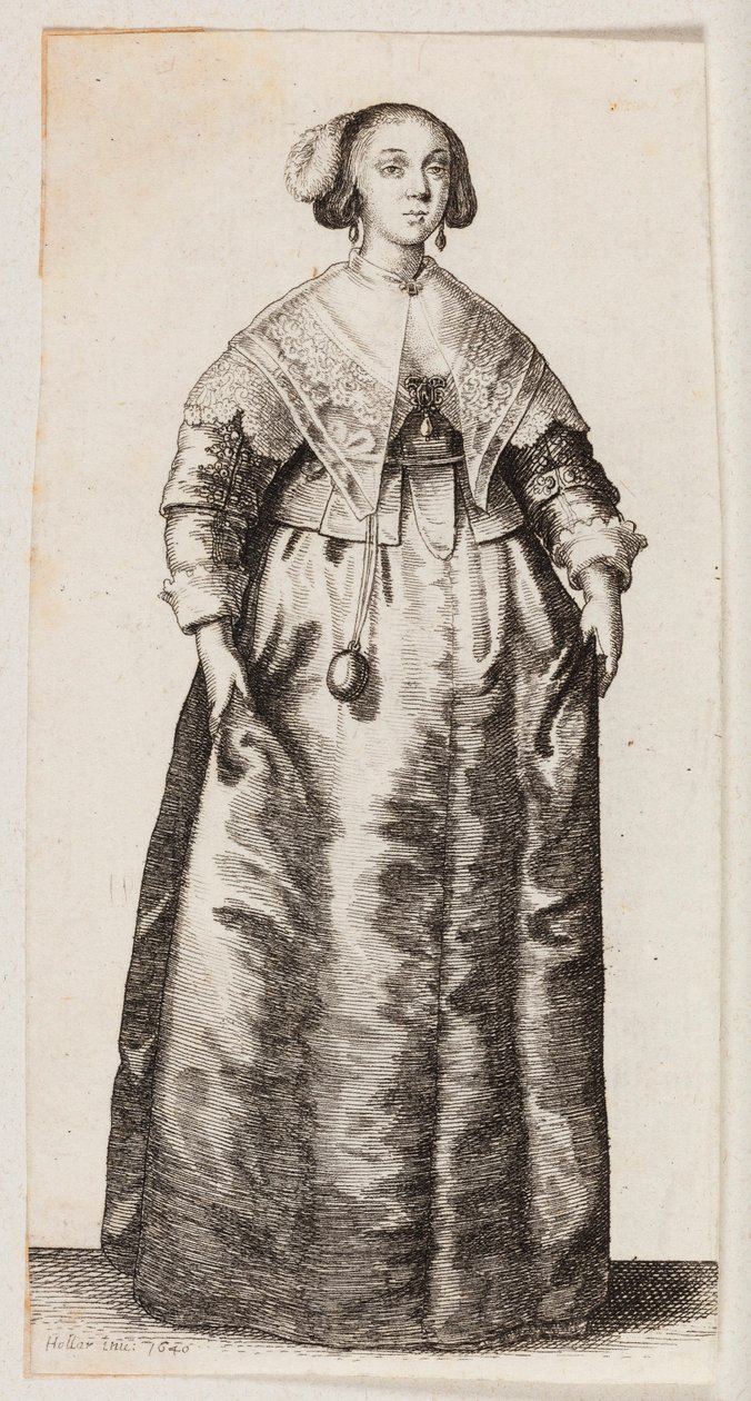 Vrouw met een geurdoosje dat aan een ketting hangt door Wenceslaus Hollar