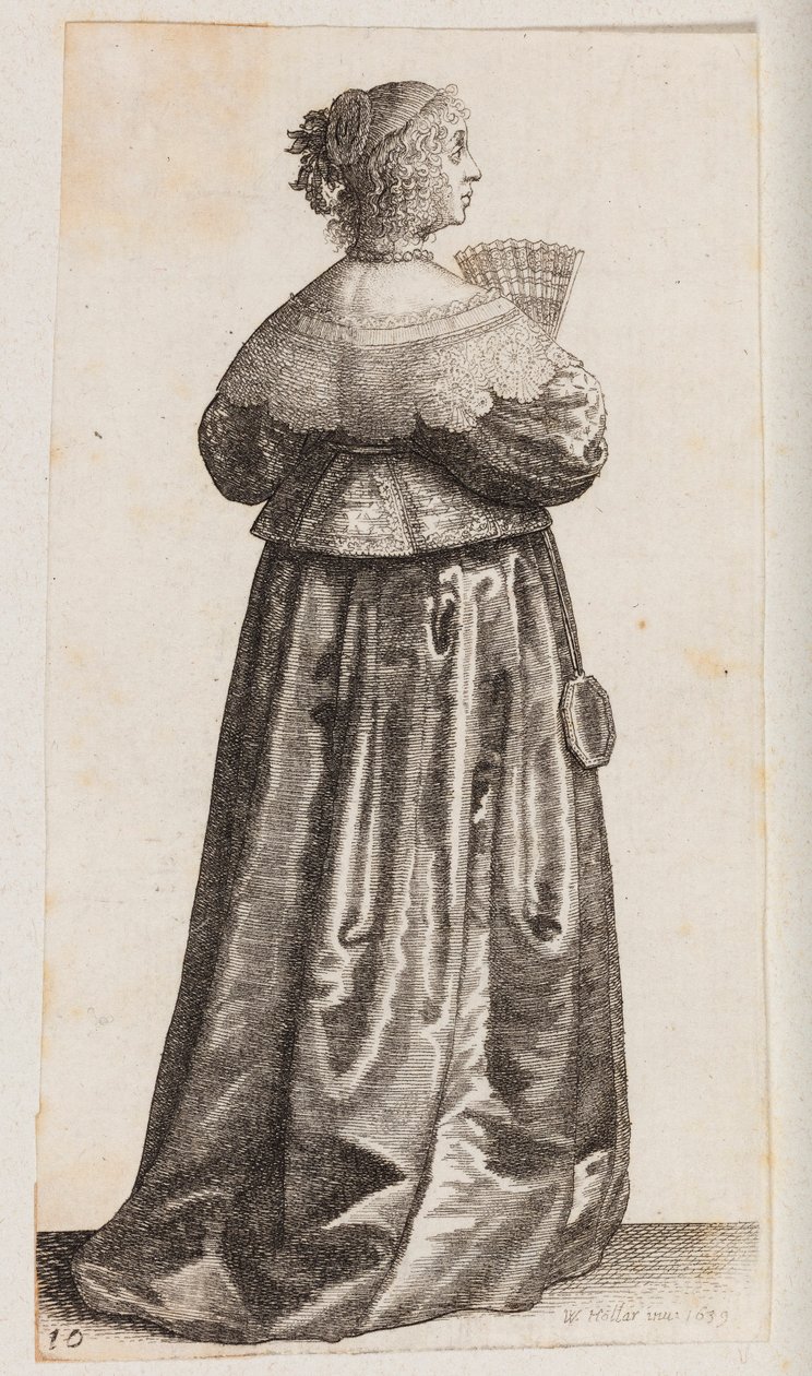 Vrouw met een waaier en een spiegel, van achteren gezien door Wenceslaus Hollar