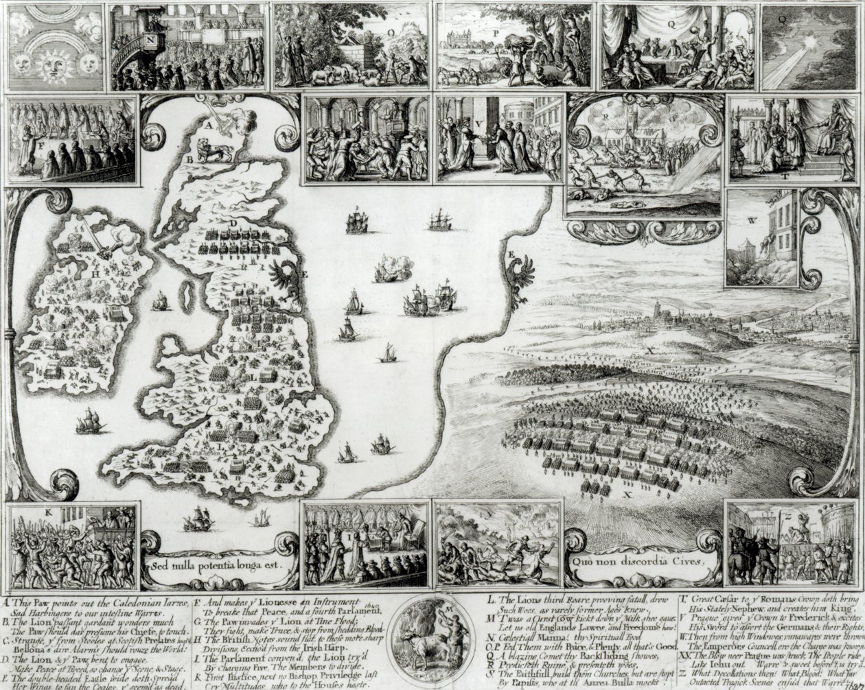 Kaart van Burgeroorlog Engeland en een uitzicht op Praag, 1632 door Wenceslaus Hollar