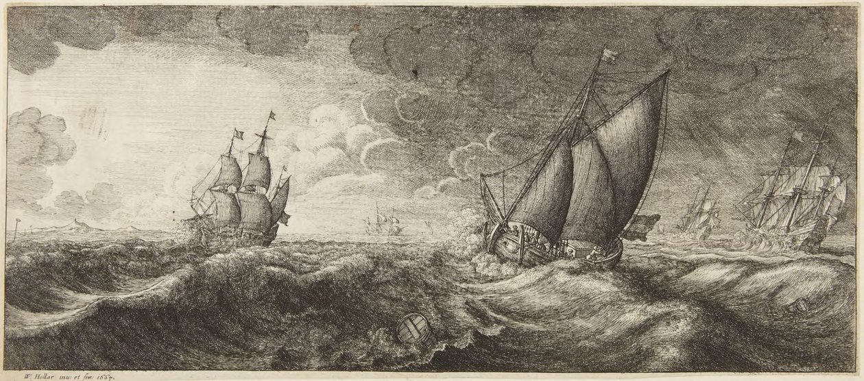 Zeegezicht in storm door Wenceslaus Hollar