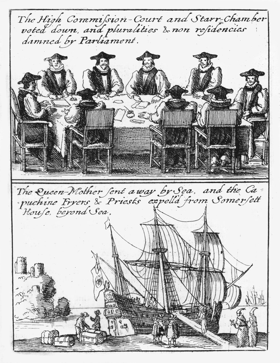 Leden van de Star Chamber; Koningin Henrietta Maria vertrekt uit Engeland door Wenceslaus Hollar