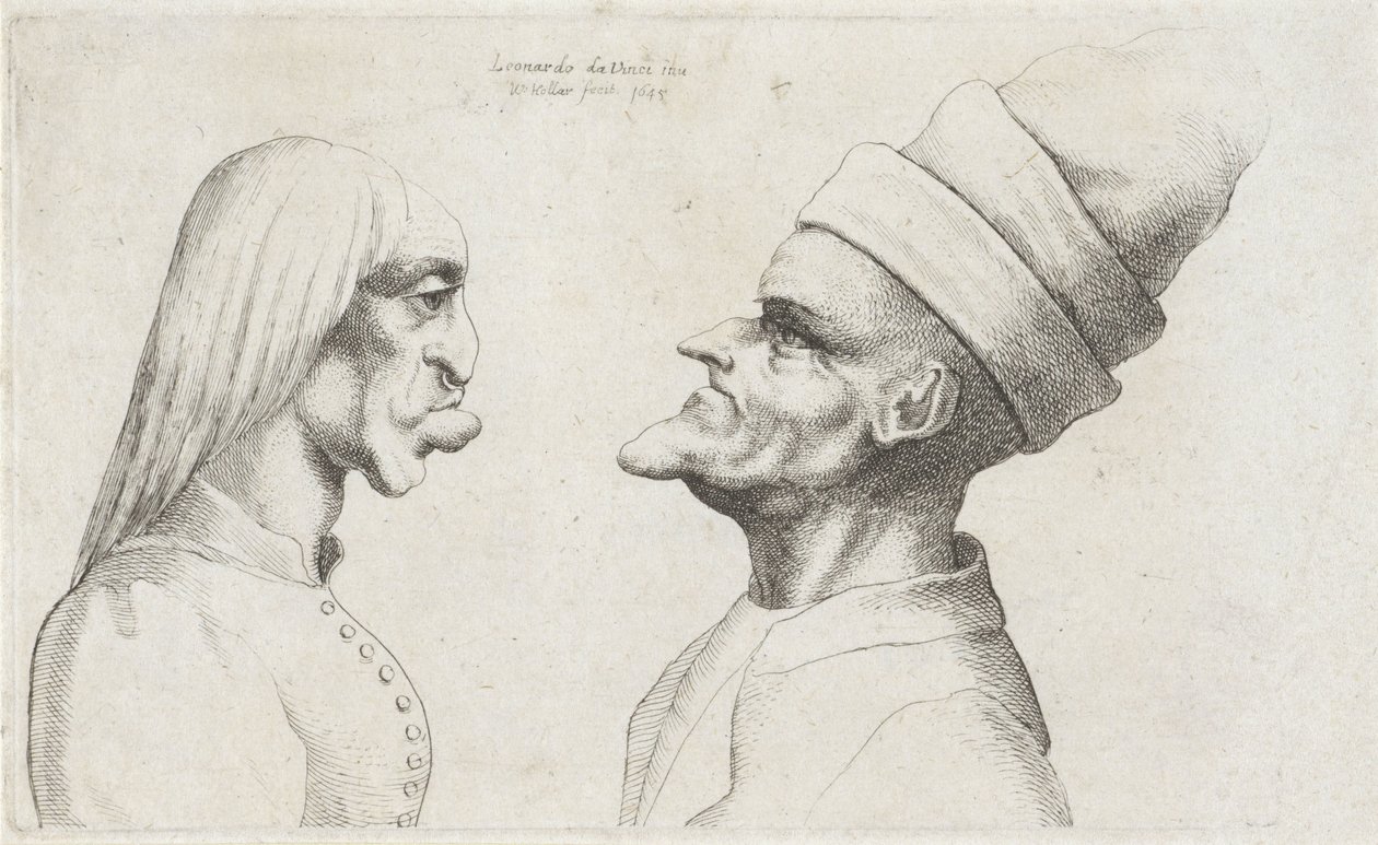 Misvormde koppen van een vrouw met stijl haar en man met dubbel gerande muts door Wenceslaus Hollar
