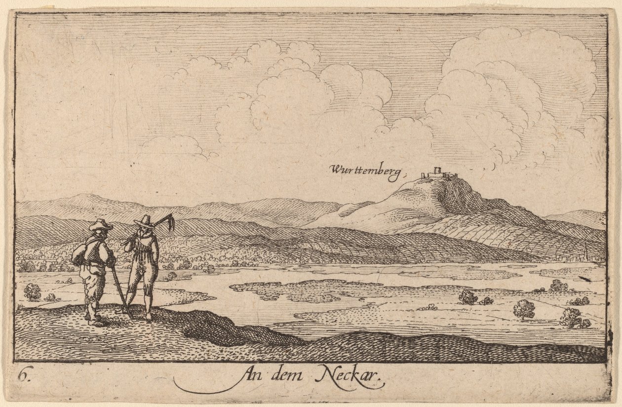 Aan de Neckar door Wenceslaus Hollar