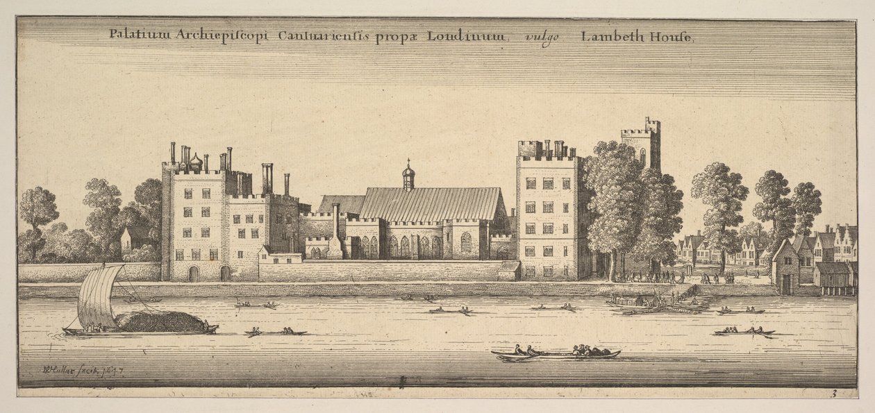 Palatium Archiepiscopi Cantuariensis prope Londinum vulgo Lambeth House Lambeth House: P..., 1647 door Wenceslaus Hollar