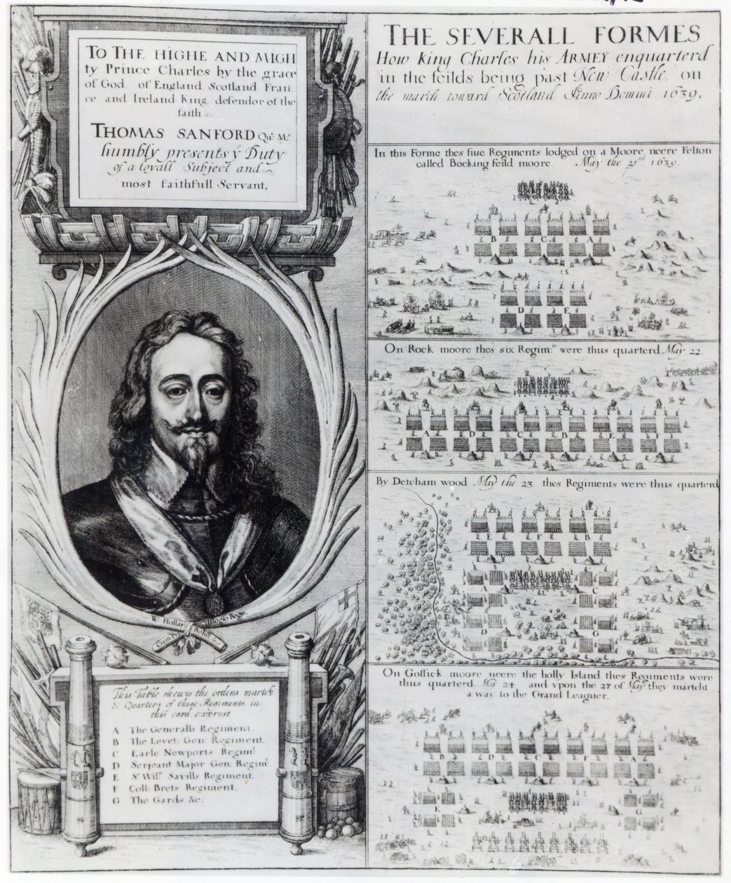 Portret van koning Karel I met diagrammen van de formatie van zijn troepen tijdens de Bisschoppenoorlog, ca. 1639 door Wenceslaus Hollar