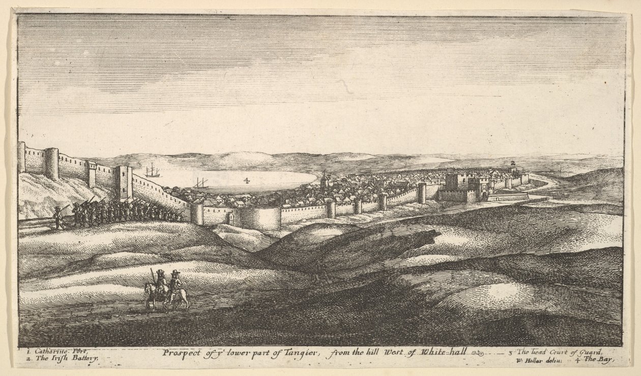 Uitzicht op het onderste deel van Tanger, vanaf de heuvel ten westen van White-hall, 1669-73 door Wenceslaus Hollar