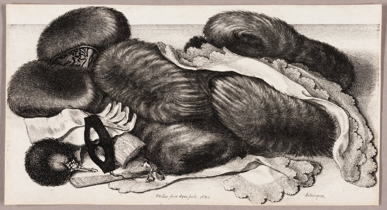 Stilleven met een groep mofjes, een paar handschoenen en twee zakdoeken door Wenceslaus Hollar