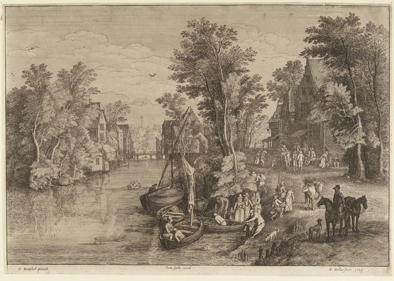 De veerpont in het dorp door Wenceslaus Hollar