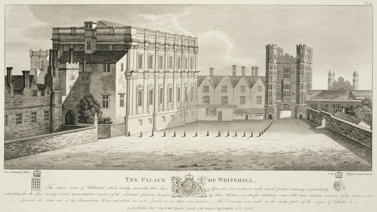 Het paleis van Whitehall, naar een tekening in de Pepysian Library, Cambridge, gepubliceerd in 1809 door Wenceslaus Hollar