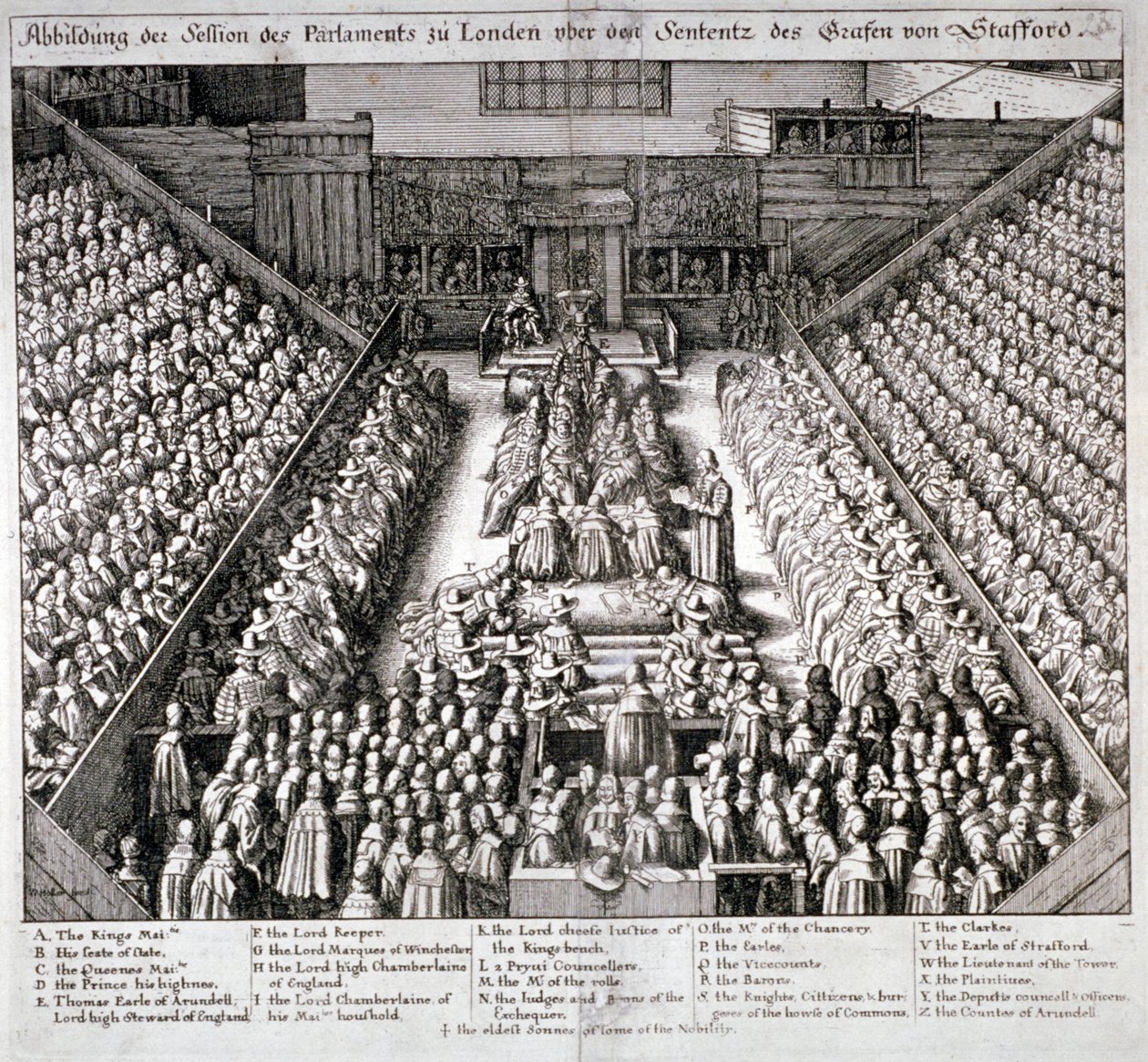 Het proces van Thomas Wentworth, Graaf van Strafford, Westminster Hall, Londen, 1641 door Wenceslaus Hollar