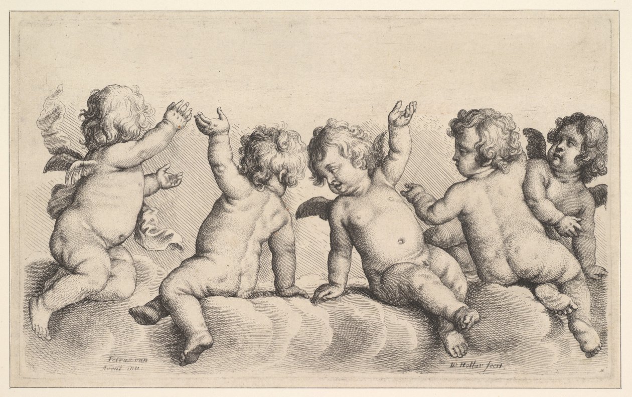 Drie cherubijnen en twee jongens op wolken door Wenceslaus Hollar