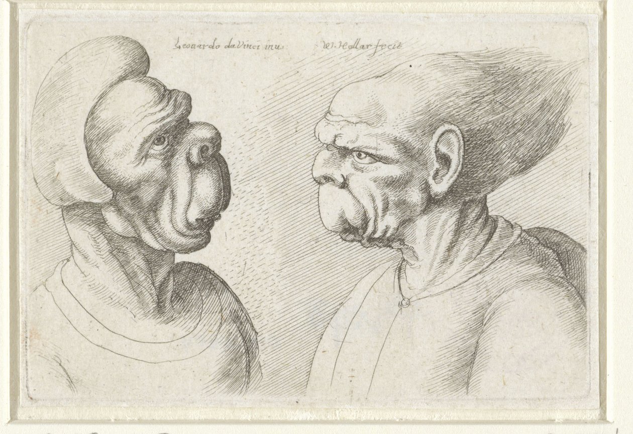 Twee misvormde koppen (detail) door Wenceslaus Hollar