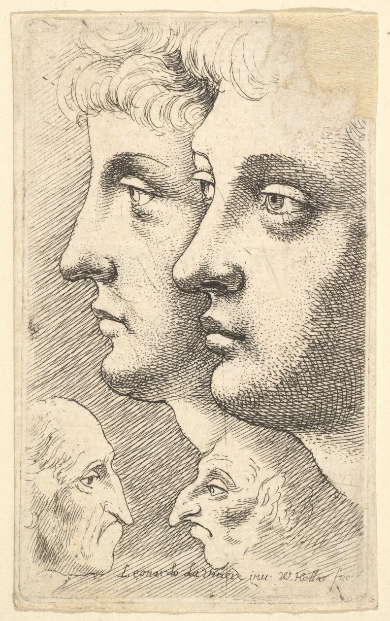 Twee jongeren in profiel naar links met twee groteske hoofden die elkaar aankijken door Wenceslaus Hollar