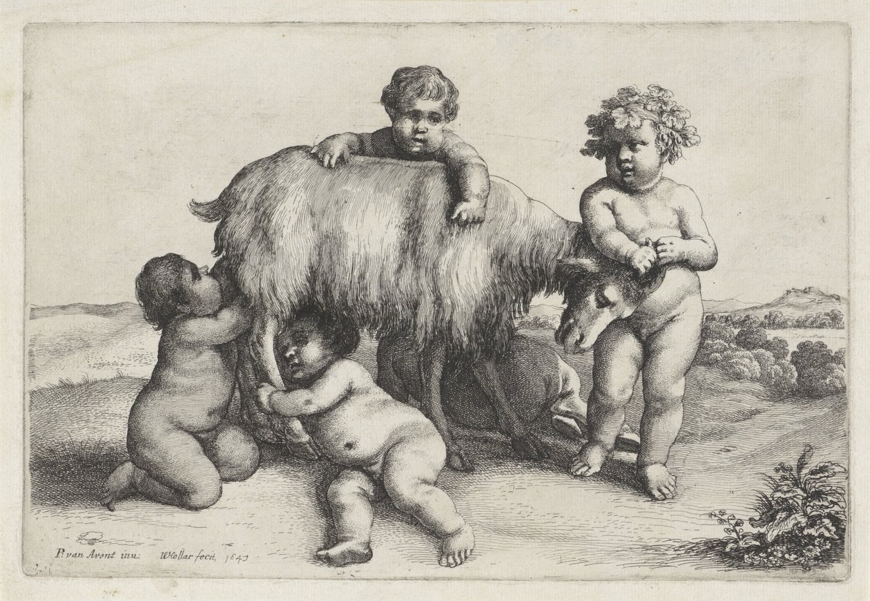 Vier jongetjes, een sater en een geit staand naar rechts door Wenceslaus Hollar