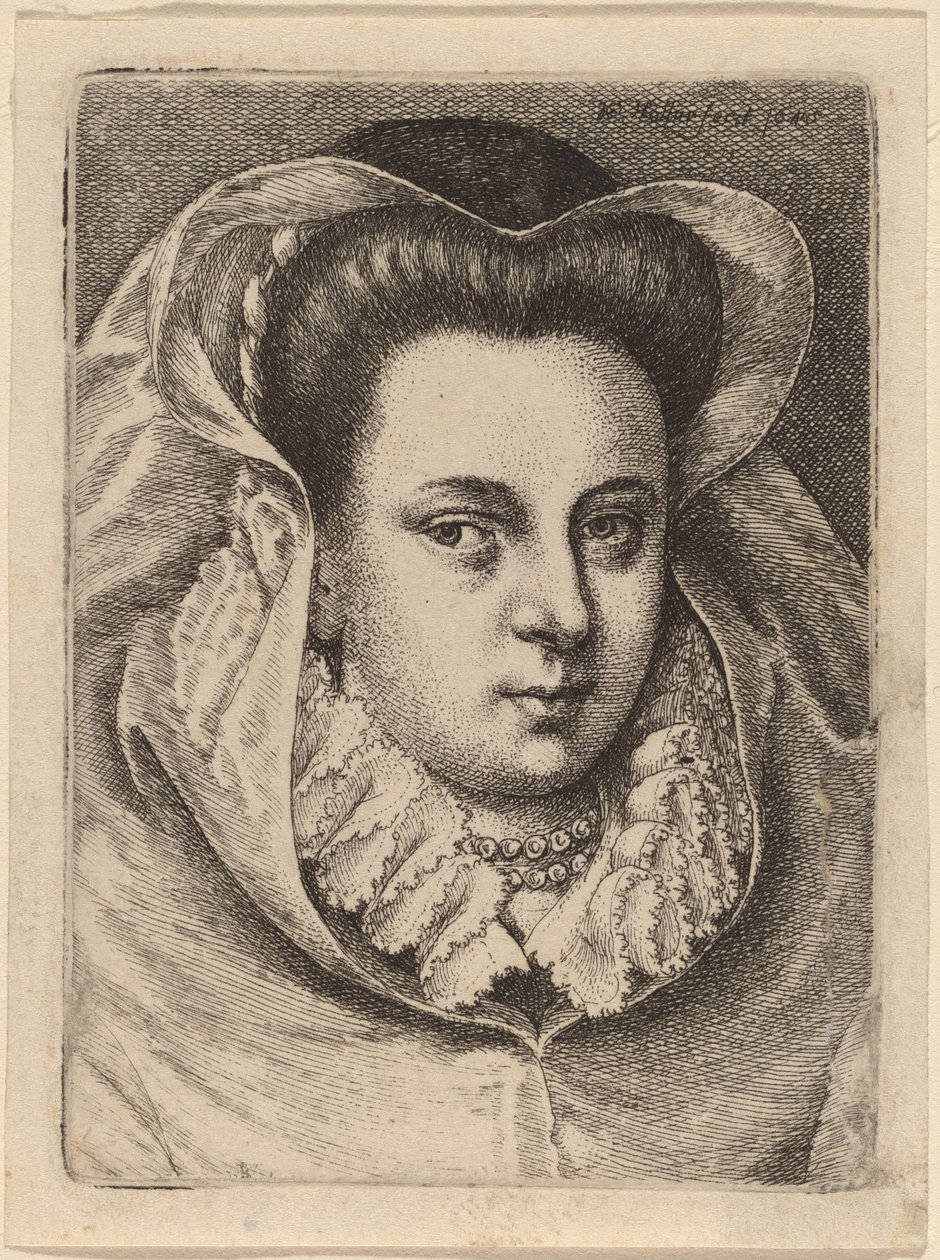 Vrouw met Witte Sluier en Zwarte Hoed (Mary Stuart?) door Wenceslaus Hollar