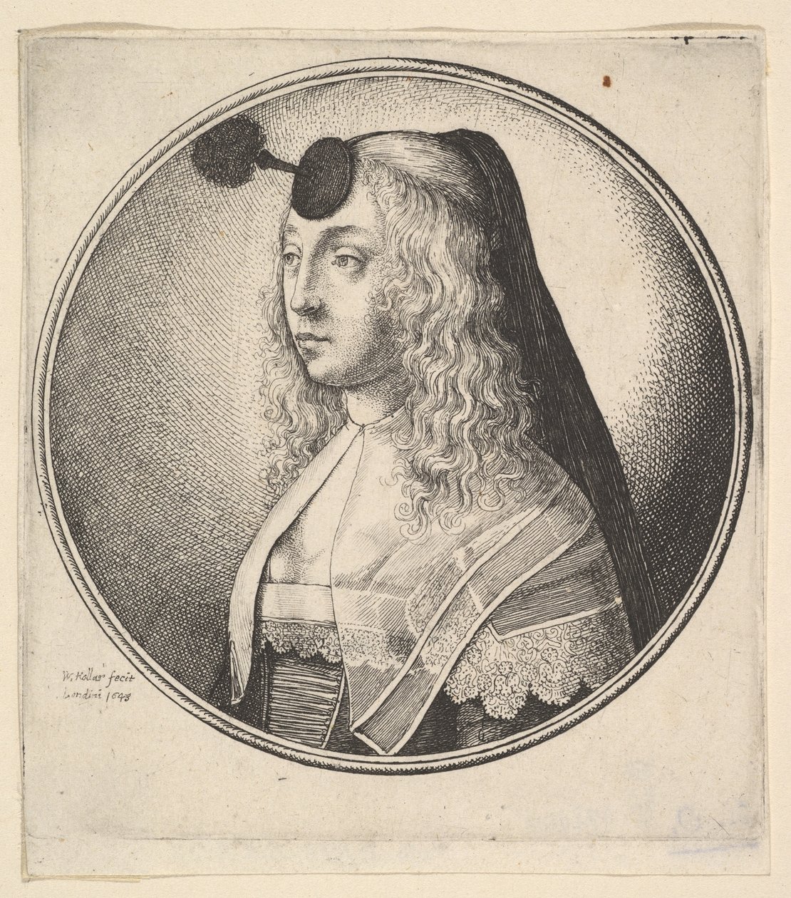 Vrouw met houpette op het voorhoofd naar links gedraaid, 1643 door Wenceslaus Hollar