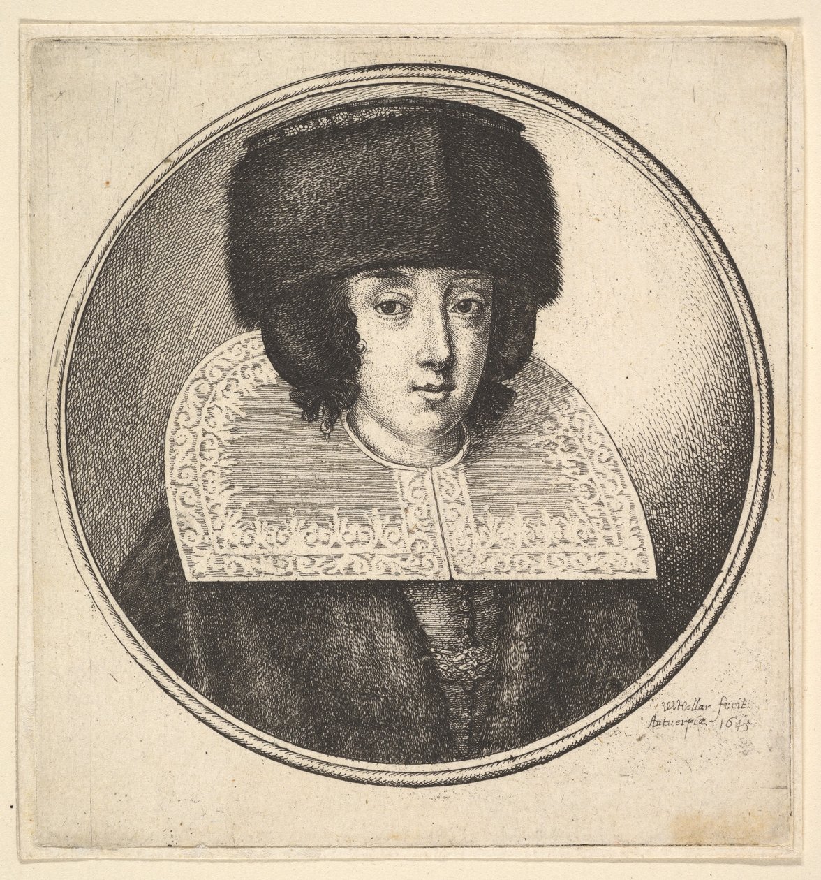 Vrouw met stijve kanten kraag en platgekroonde bonten hoed, 1645 door Wenceslaus Hollar