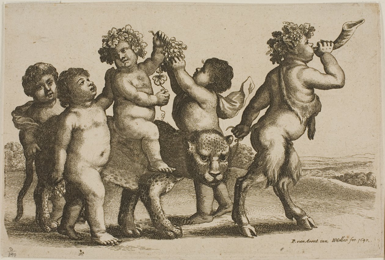Jonge Bacchus rijdend op een luipaard geleid door een sater die op een hoorn blaast door Wenceslaus Hollar