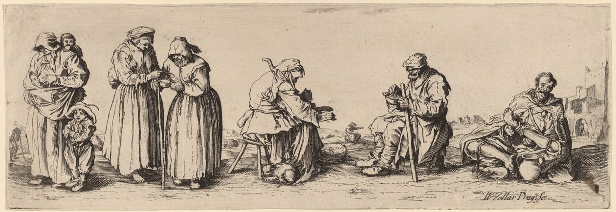 Zes Mannen en Vrouwen Bedelaars door Wenceslaus Hollar after Jacques Callot