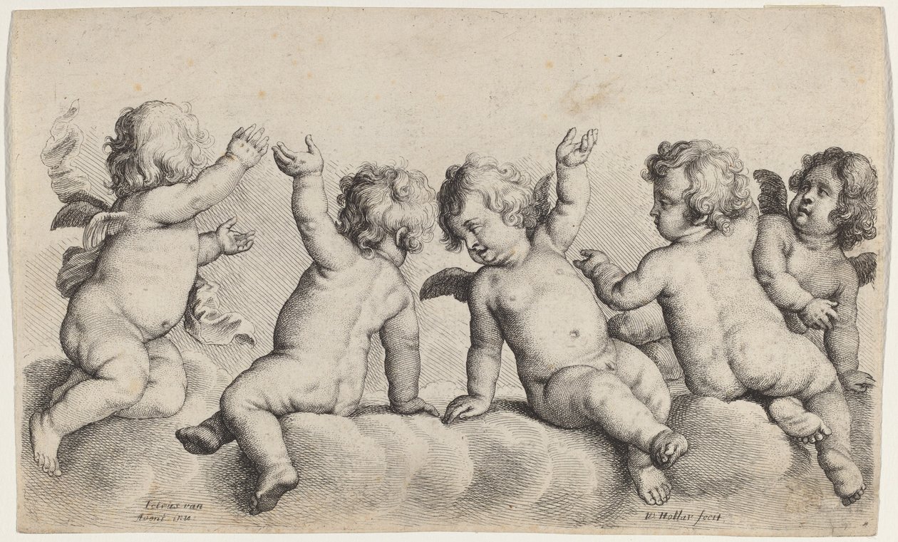 Drie cherubijnen en twee jongens op wolken door Wenceslaus Hollar, after Peeter van Avont