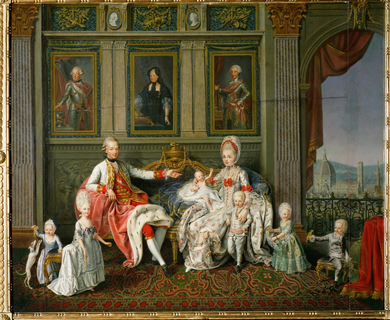 Piero Leopoldo, Groothertog van Toscane, later Keizer Leopold II, zijn vrouw Maria Ludovica, Infanta van Spanje, en zes van hun 16 kinderen (schilderij op doek) door Wenzel (1730-1780) Werlin