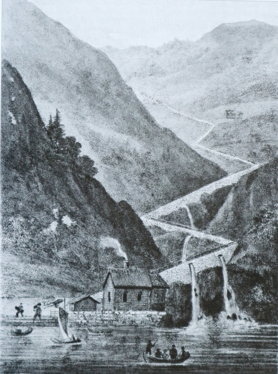 West-Noorse hoofdweg oostwaarts vanaf Fedafjord, Rørvikkleven. Lithografie door Peter Frederik Wergmann