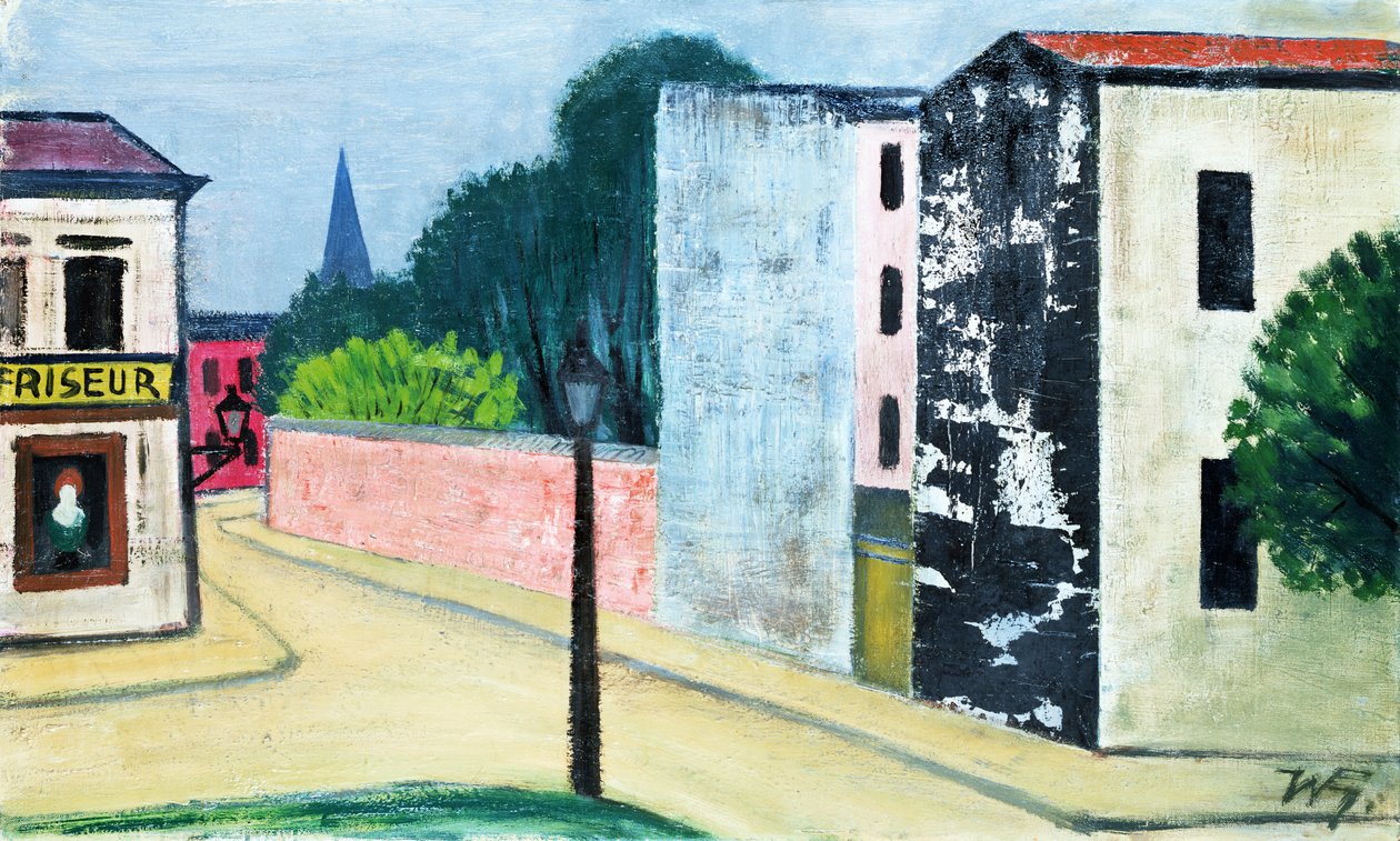 Straat met kapsalon (gemengde techniek) door Werner Heldt