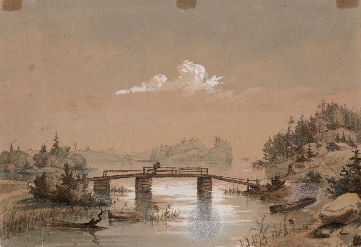 Meerlandschap, man vist op een brug door Werner Holmberg