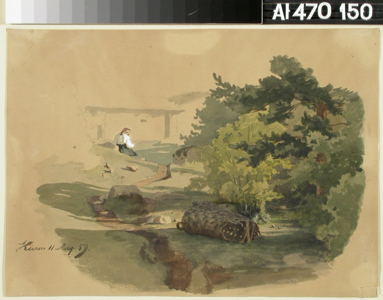 Landschaft mit Schindelkorb und sitzender Frau door Werner Holmberg