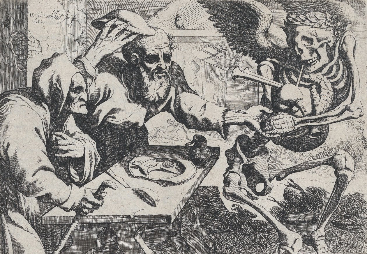 Oud paar en de dood met doedelzakken, 1612 door Werner Jacobsz. van den Valckert