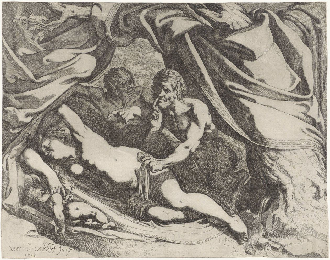 Slapende Venus door stares bespied door Werner van den Valckert
