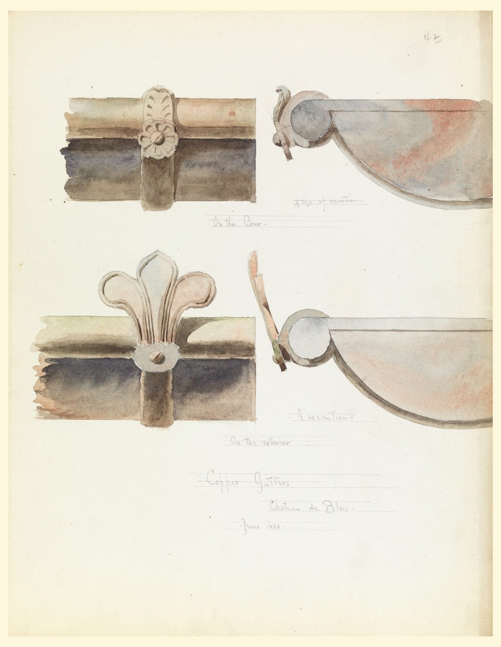 Tekening, Twee Koperen Gotten, van een 16e-eeuws Kasteel, Blois, Frankrijk door Whitney Warren Jr.