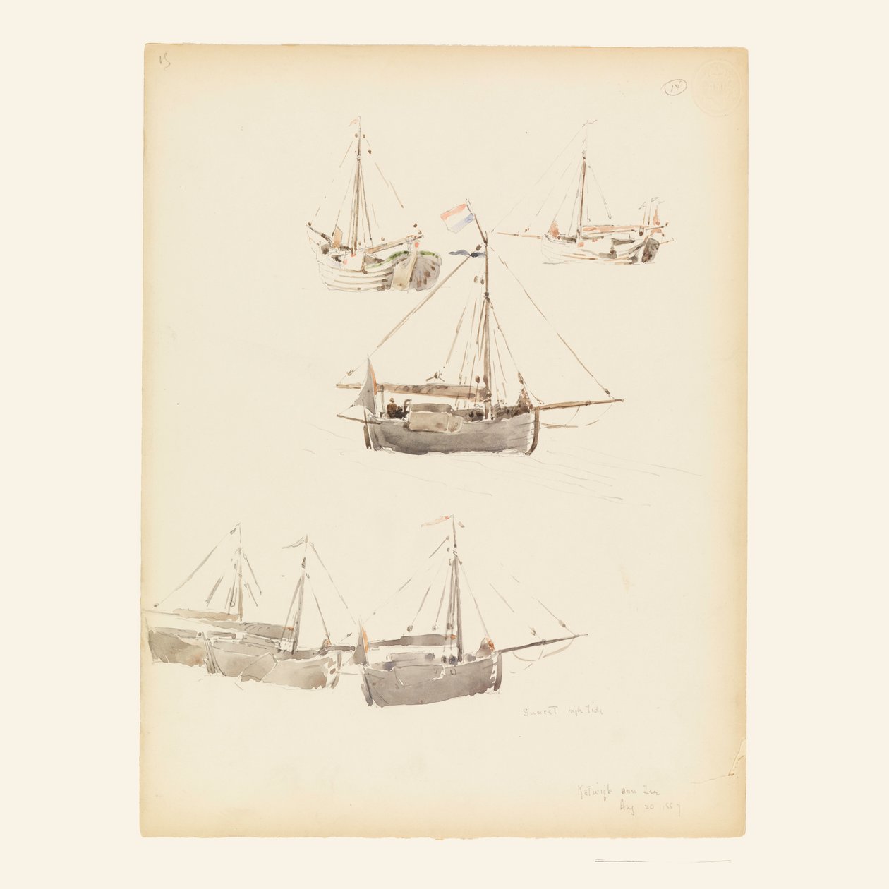 Tekening, Nederlandse schuiten, 20 augustus 1887 door Whitney Warren Jr.
