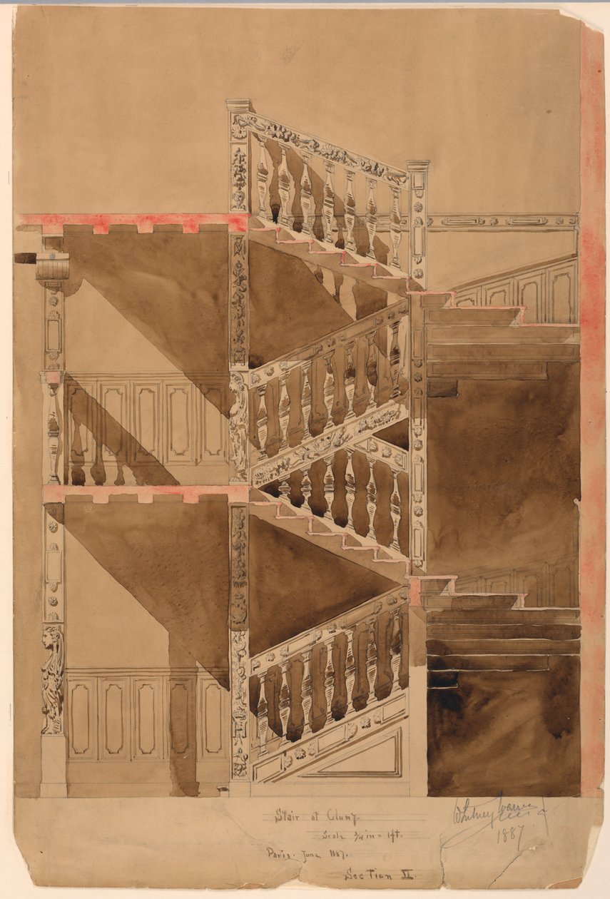 Tekening, Trap in de Cluny, Parijs, 1887 door Whitney Warren Jr.