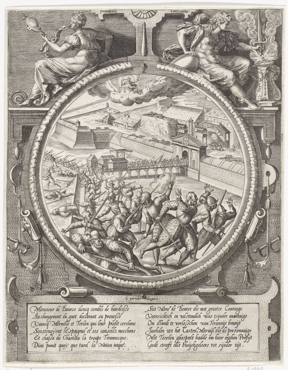 De troepen van Bourse verdrijven de Duitse soldaten van Treslong en Merville uit de citadel, 1577 door Wierix