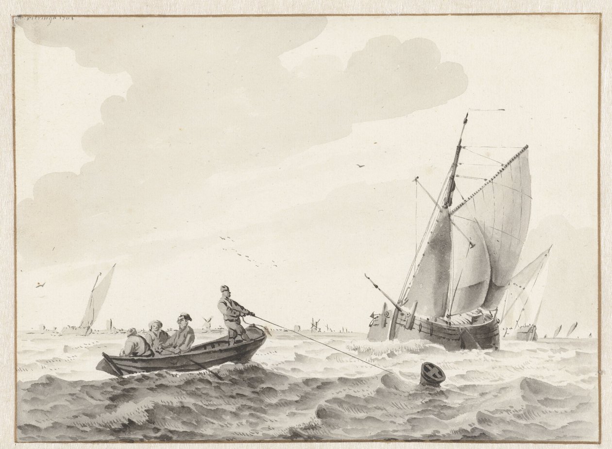 Golvend water met een roeiboot bij een boei door Wigerus Vitringa
