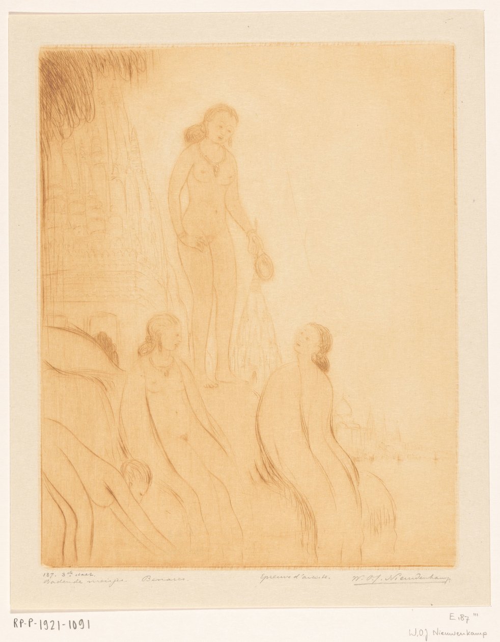 Badende meisjes op de oever van de Ganges in Benares door Wijnand Otto Jan Nieuwenkamp (signed by artist)