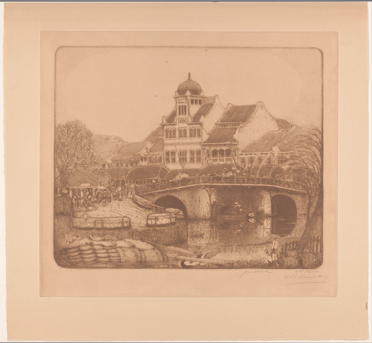Brug en kantoorgebouw in Batavia Aan de Kali Besar te Batavia door Wijnand Otto Jan Nieuwenkamp (signed by artist)