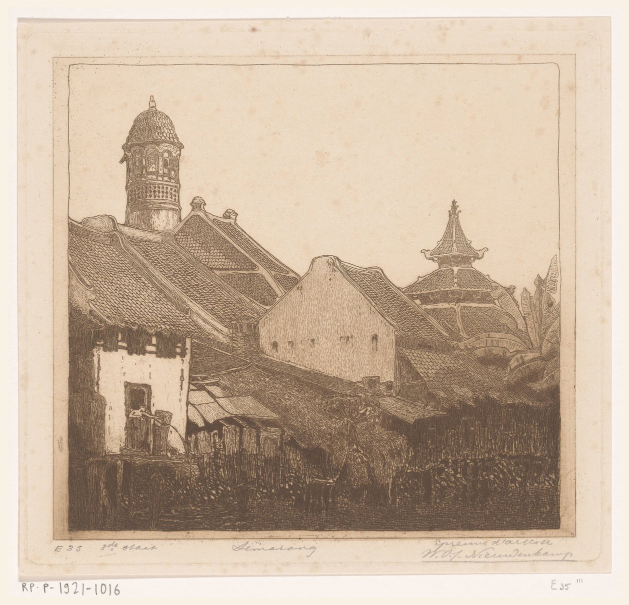 Huizen aan het water in Semarang door Wijnand Otto Jan Nieuwenkamp (signed by artist)