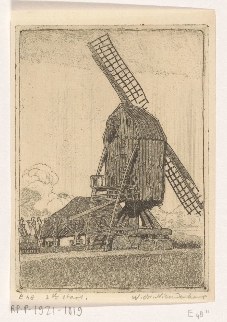 Korenmolen met twee wieken bij Bennekom door Wijnand Otto Jan Nieuwenkamp (signed by artist)