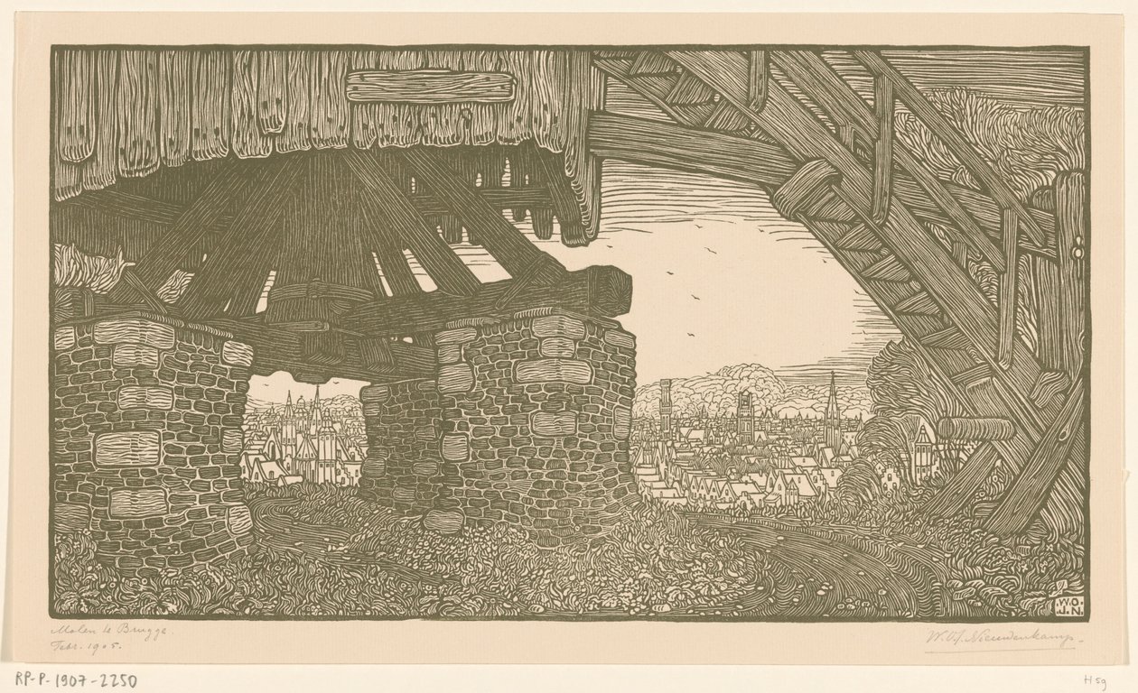 Onderstuk van een korenmolen in Brugge door Wijnand Otto Jan Nieuwenkamp (signed by artist)