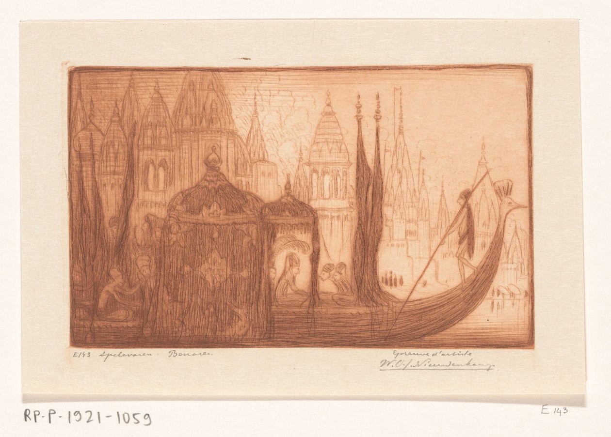 Pleziervaartuig op de Ganges in Benares door Wijnand Otto Jan Nieuwenkamp (signed by artist)