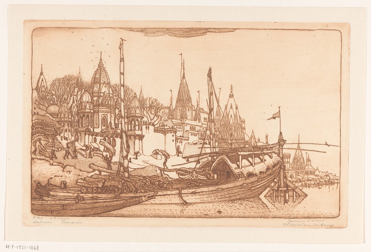 Schip met brandhout aan de oever van de Ganges in Benares door Wijnand Otto Jan Nieuwenkamp (signed by artist)
