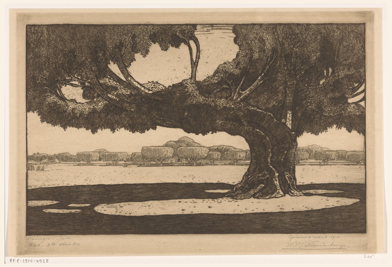 Waringinbomen in de tuin van het paleis van de sultan in Jogyakarta door Wijnand Otto Jan Nieuwenkamp (signed by artist)