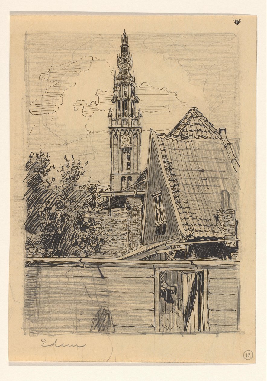 Gezicht op de Speeltoren van de Onze-Lieve-Vrouwekerk te Edam door Wijnand Otto Jan Nieuwenkamp