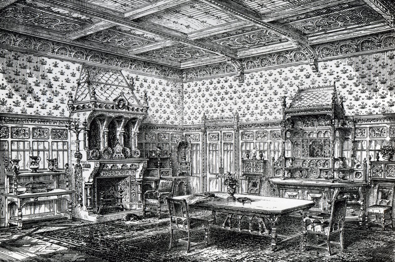 Ontwerp voor een Gotische Eetkamer, gepubliceerd in The House-Furnisher & Decorator, 1 september 1872 door Wilberforce Haddon